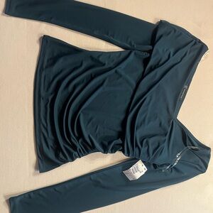 INC International Concepts Asymmetrical Ruched Long Sleeve Top Size S NWT Teal